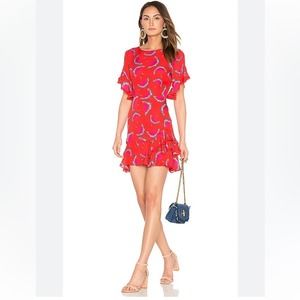 REVOLVE TANYA TAYLOR Red Printed Silk Lissy Mini Ruffle Dress Size 4